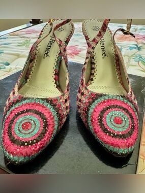 J.Renee Multicolor Embroidered Slingback Pumps - Pink/Turquoise/Black/Tan